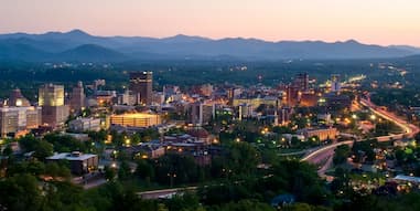 Downtown Asheville at dusk.